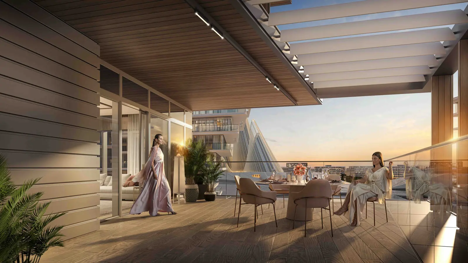 Modern open-plan living room with floor-to-ceiling windows and neutral tones inside Grove Fountain Views, Saadiyat Island