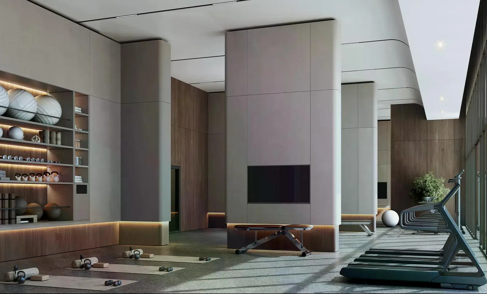 Tranquil Beach Residences fitness centre on Sobha Siniya Island, featuring a contemporary interior aesthetic and a calm residential atmosphere.