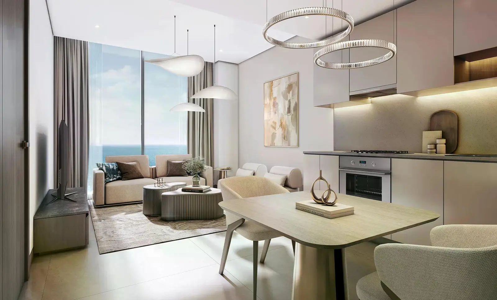 Tranquil Beach Residences dining and living area interior by Sobha Realty, combining open-plan spaces with elegant contemporary styling.