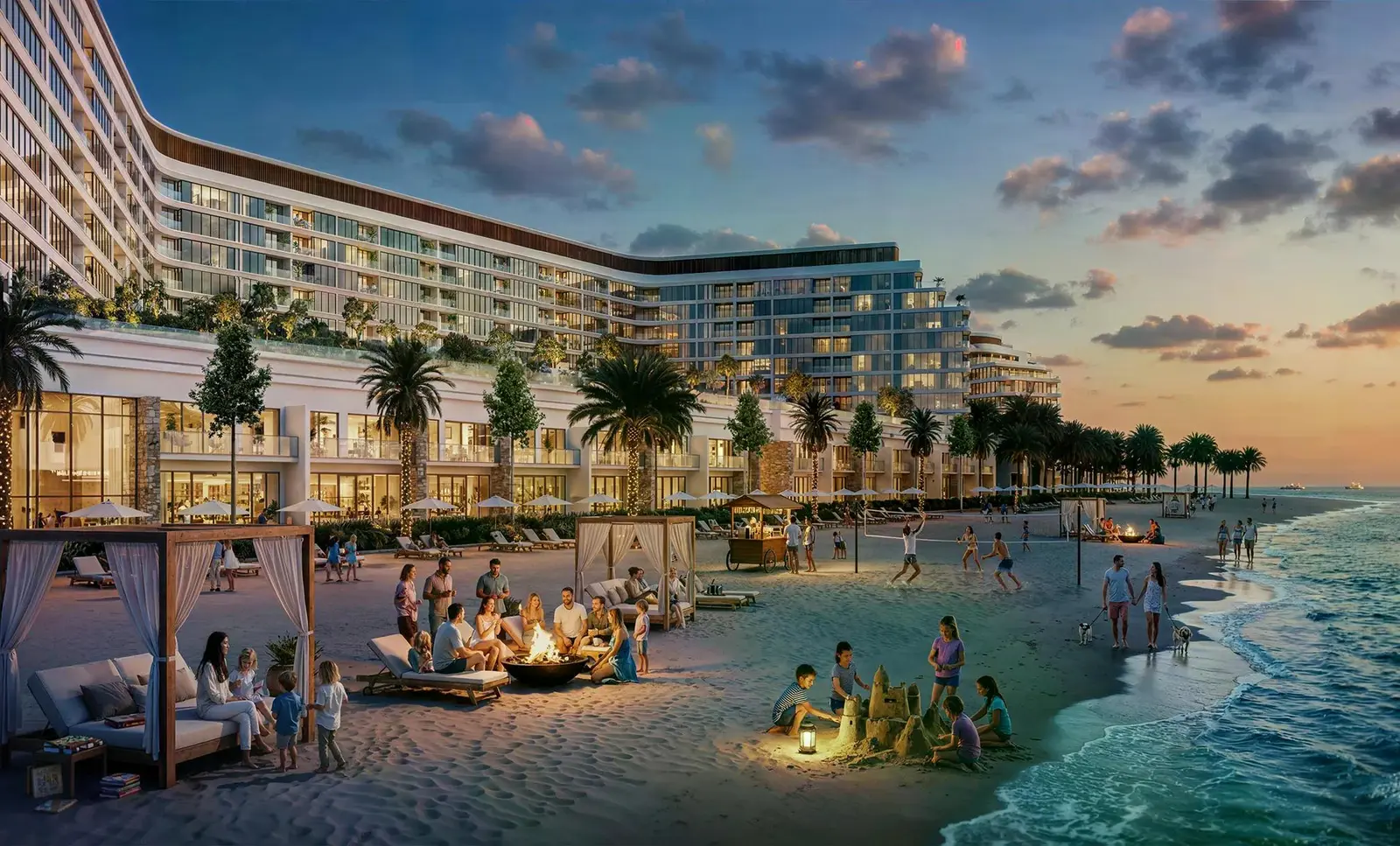 Tranquil Beach Residences beachfront exterior by Sobha Realty, showcasing modern residential architecture and scenic Arabian Sea surroundings.