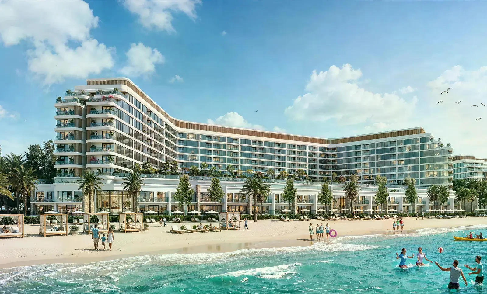 Tranquil Beach Residences exterior architecture on Sobha Siniya Island, Umm Al Quwain, featuring contemporary apartment buildings near the shoreline.
