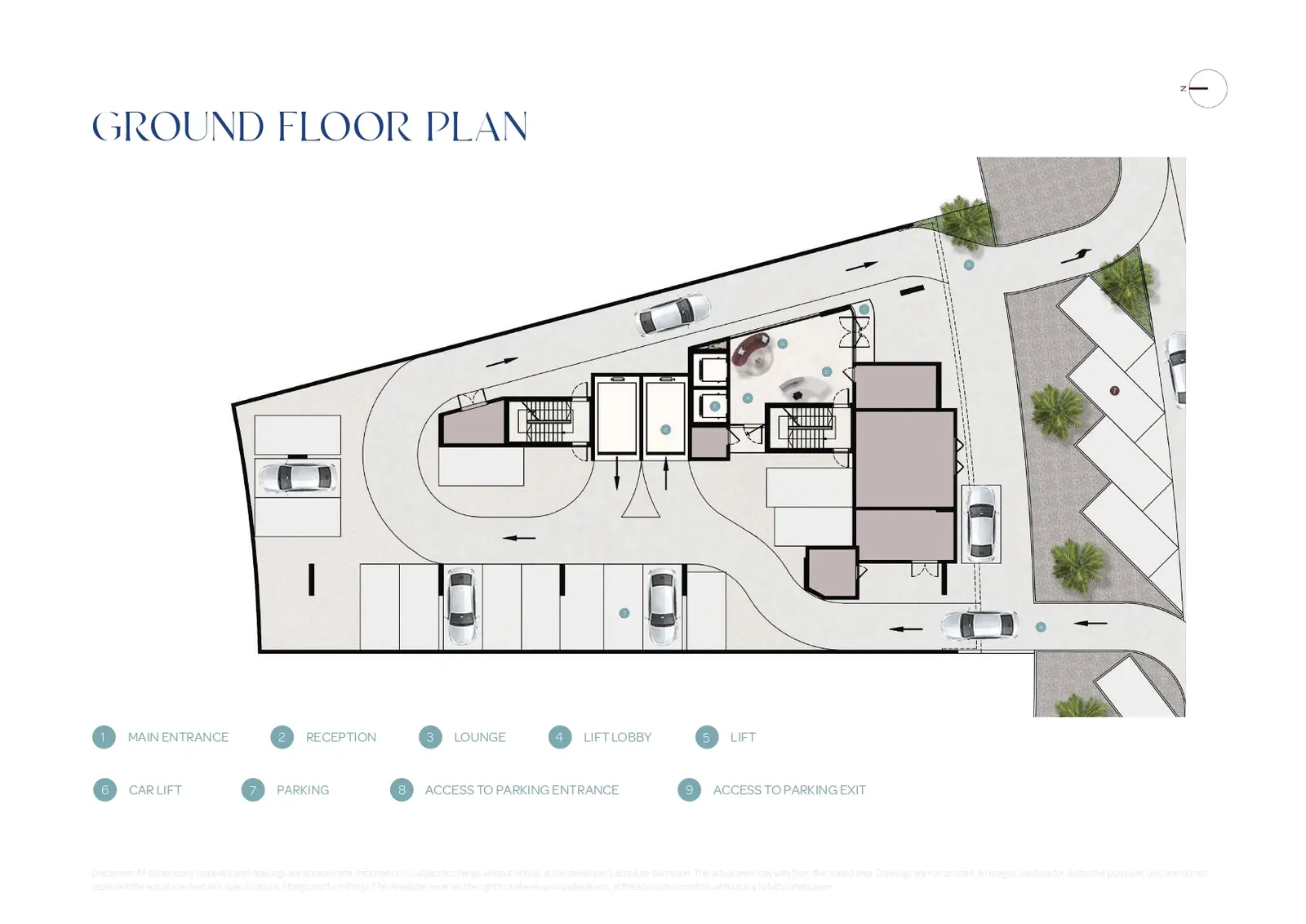 Ground floor architectural plate diagram illustrating main entrance reception lounge and car lift parking for Aquino Al Marjan