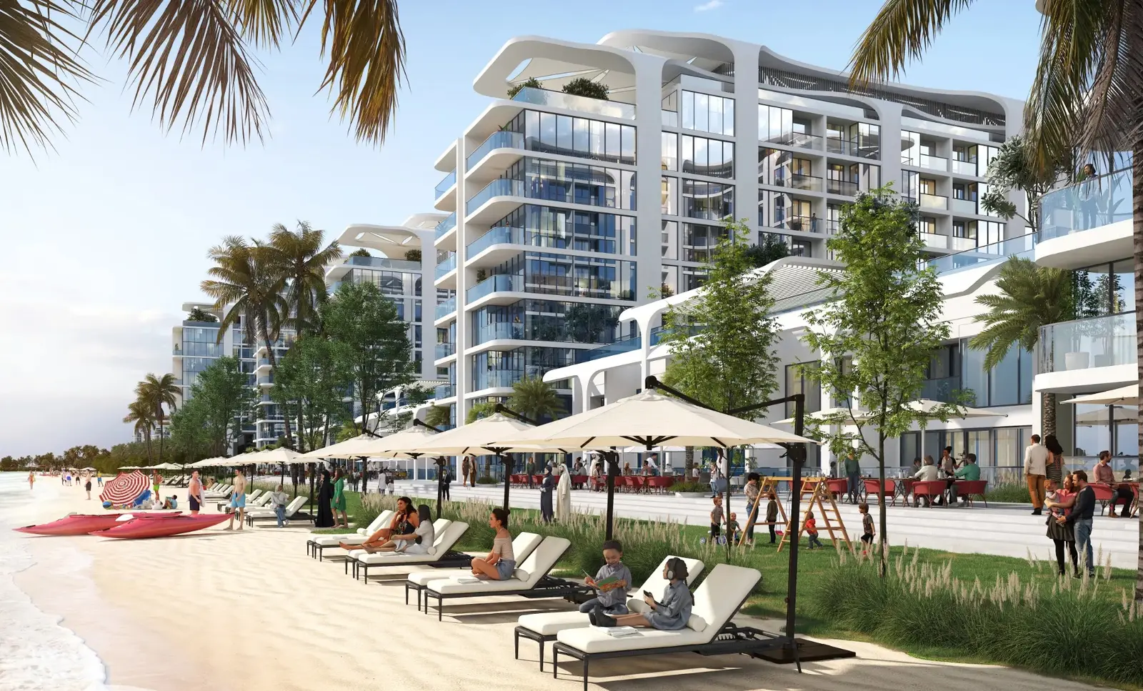 Pristine Beach Residences exterior architecture featuring contemporary residential buildings on Sobha Siniya Island, Umm Al Quwain.
