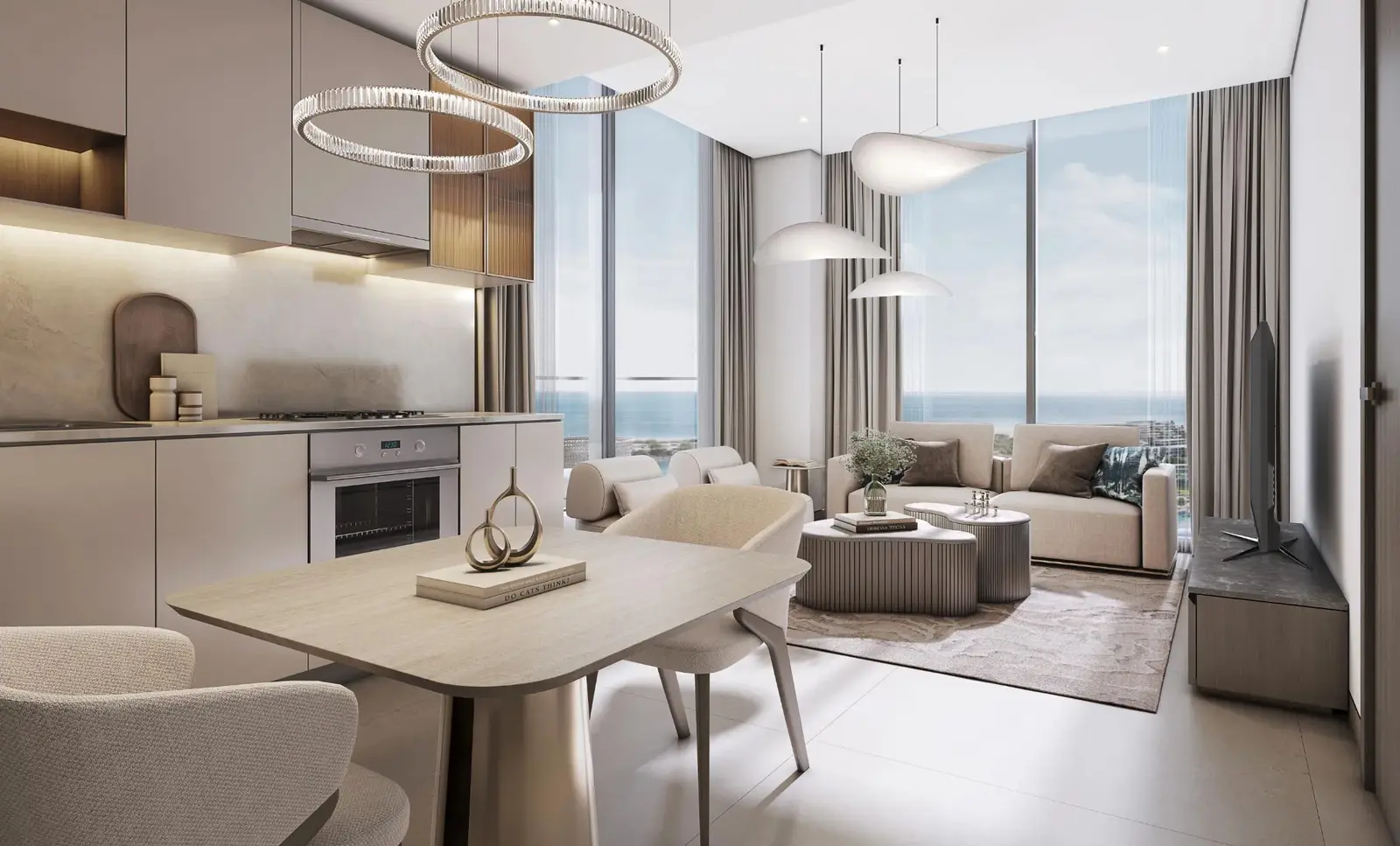 Pristine Beach Residences contemporary living spaces with elegant interiors on Sobha Siniya Island, Umm Al Quwain.