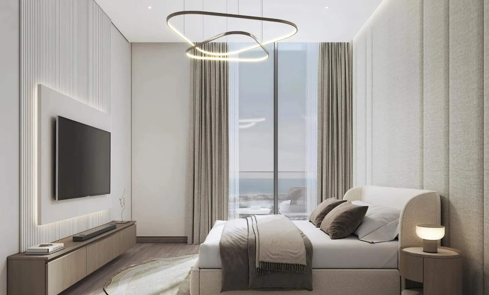 Pristine Beach Residences bedroom interiors showcasing modern residential design on Sobha Siniya Island, Umm Al Quwain.
