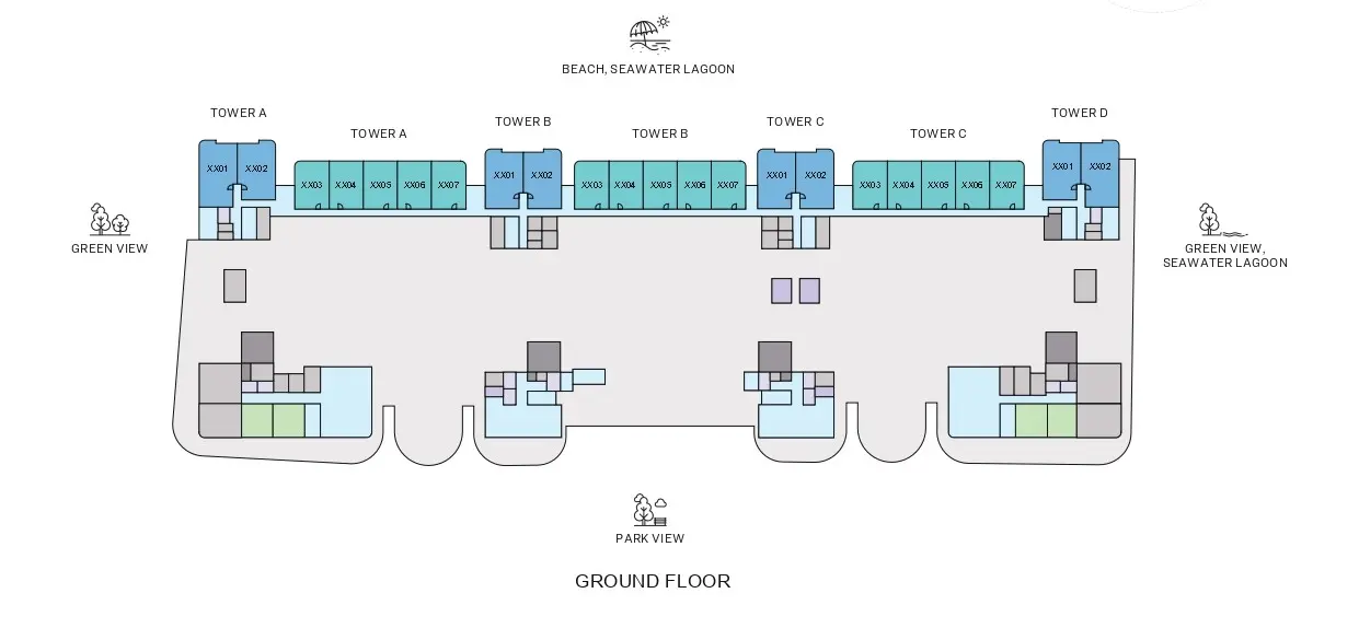 Pristine Beach Residences ground floor plate showing residential layouts, retail spaces, and circulation areas on Sobha Siniya Island, Umm Al Quwain.