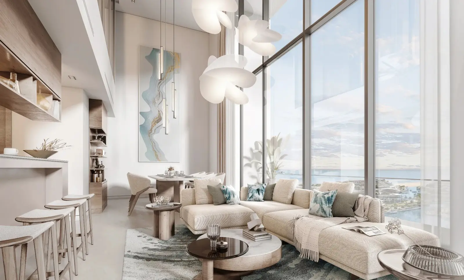 Starline Beach Residences living room interior on Siniya Island, Umm Al Quwain, showcasing contemporary finishes and apartment design.