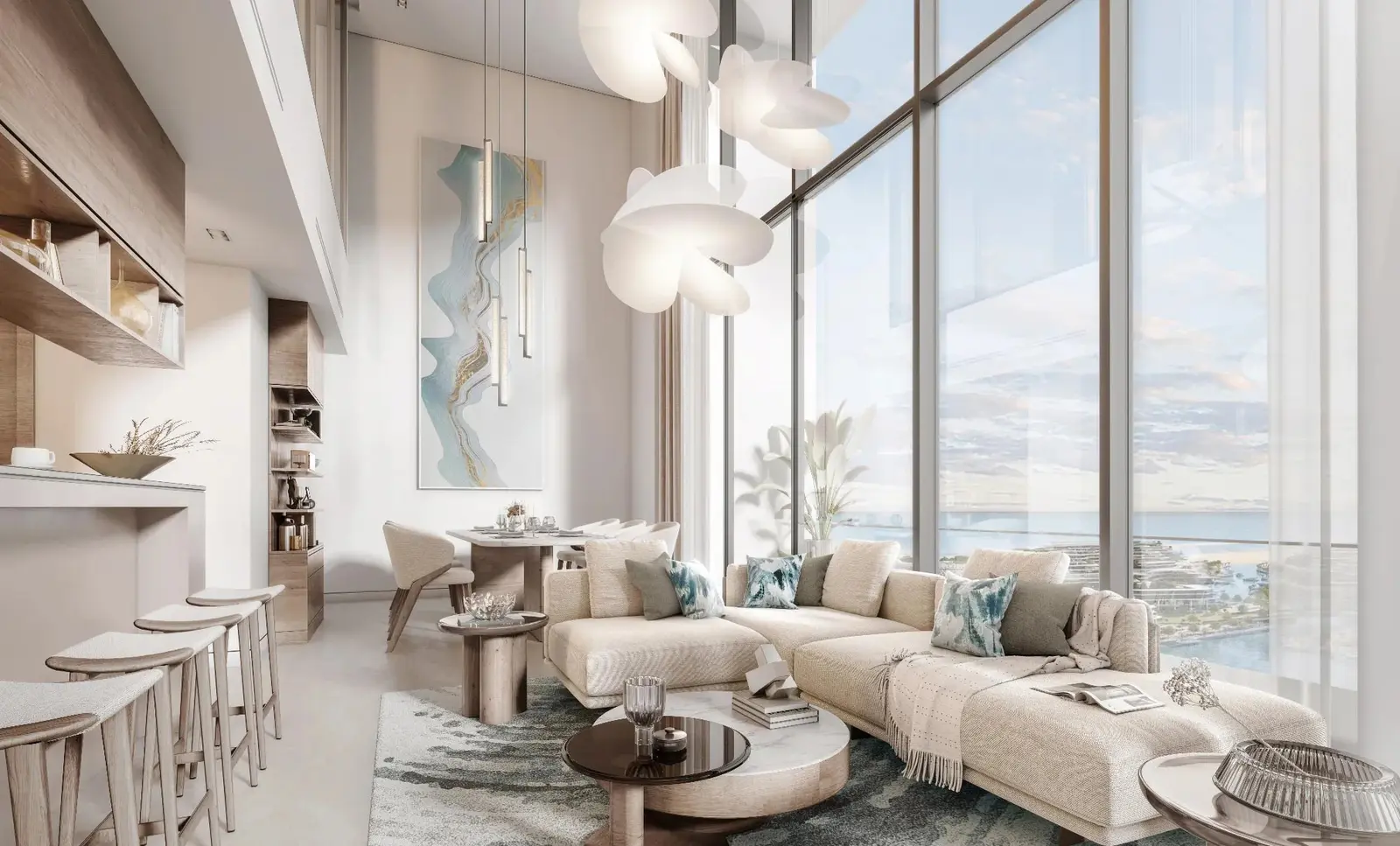 Starline Beach Residences open-plan living area on Siniya Island, Umm Al Quwain, featuring modern apartment interiors and natural light.