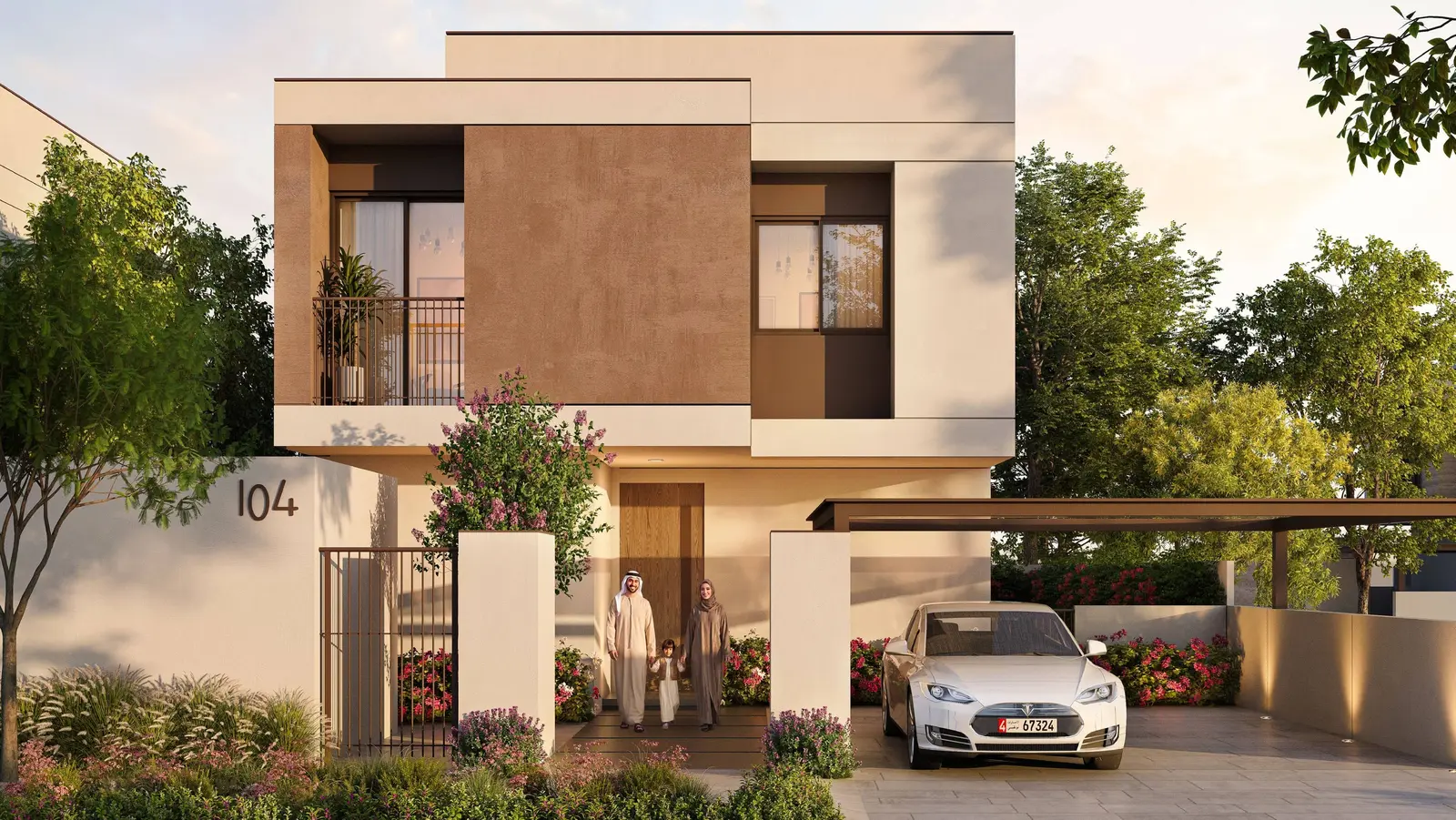 3. Al Ghadeer Parks 1 townhouse architecture with elegant façades, pedestrian-friendly streets, and greenery throughout the residential community.