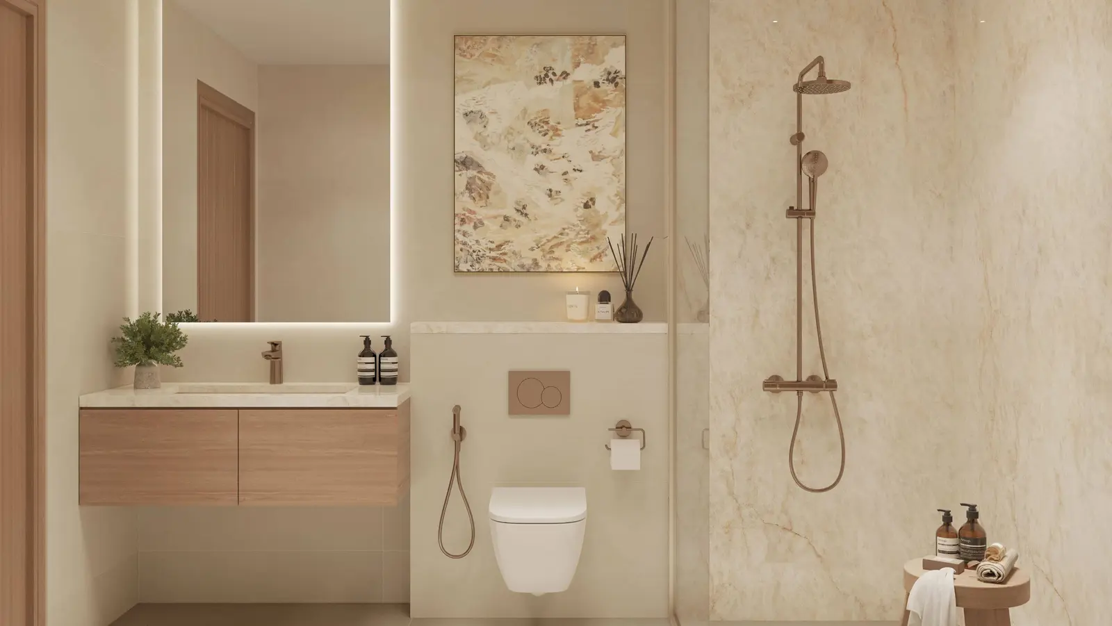 5. Al Ghadeer Parks 1 bathroom interior featuring porcelain tile finishes, a contemporary vanity countertop, and modern bathroom fittings.