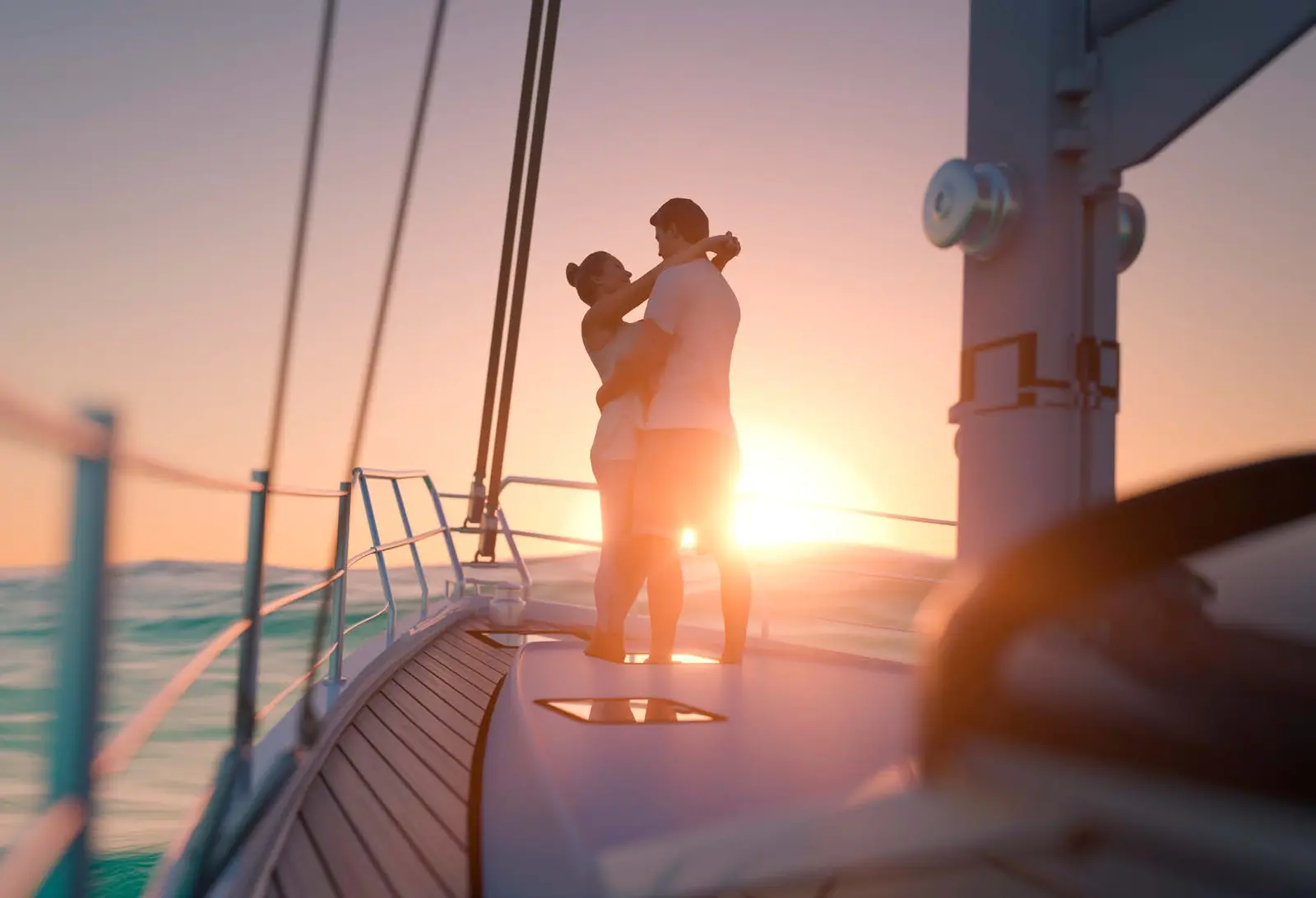 Couple embracing on a luxury private yacht during sunset near Capeside Marina Residences Sobha Siniya Island.