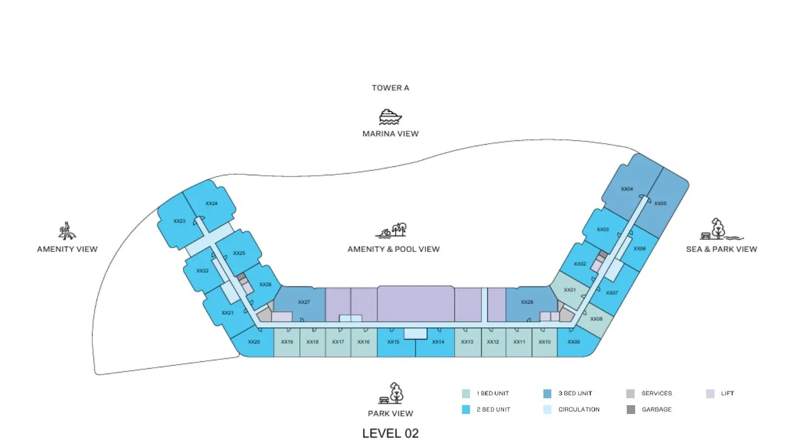Tower A Level 02 floor plate layout at Capeside Marina Residences Sobha Siniya Island Umm Al Quwain residential development