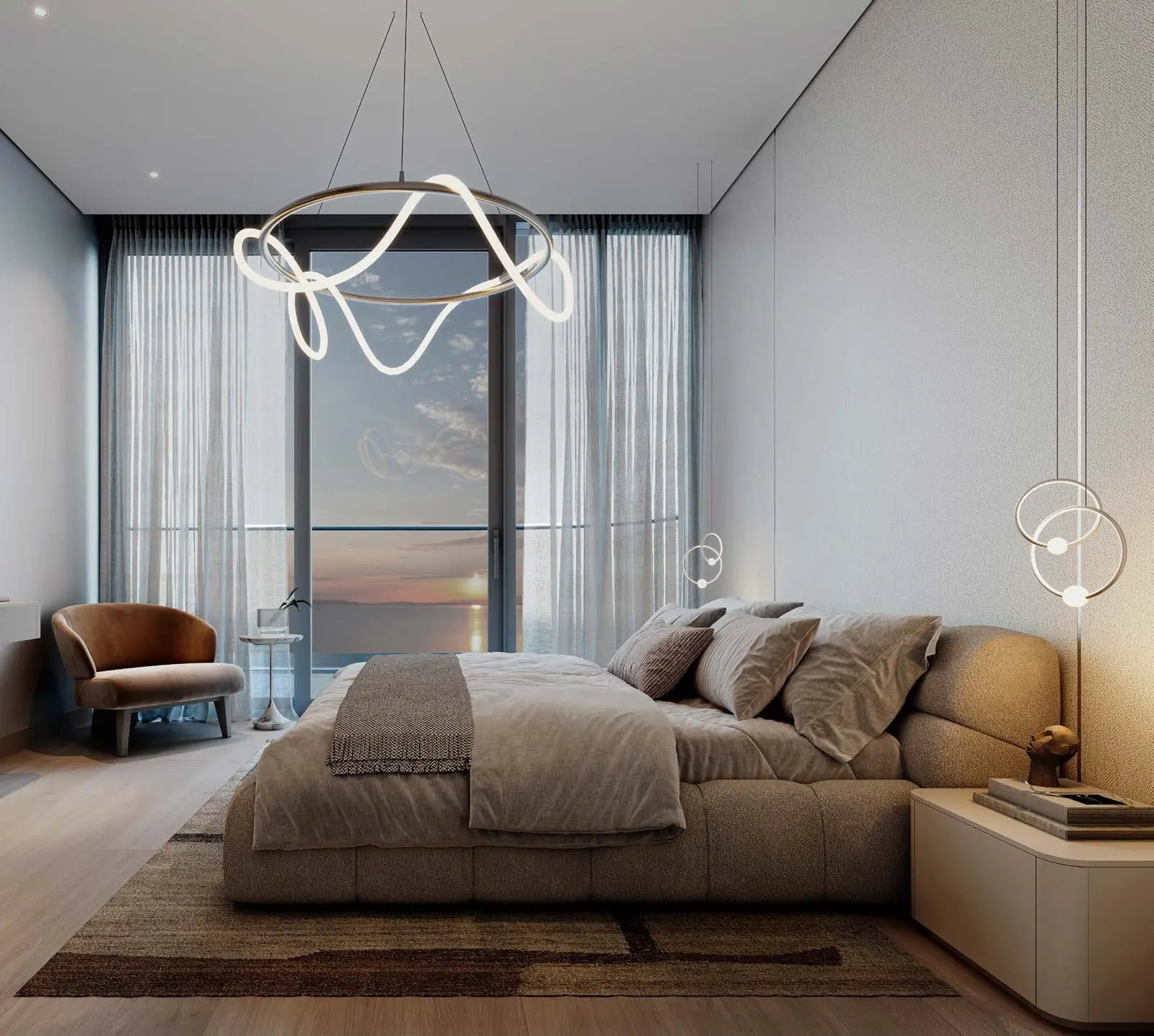 Modern master bedroom suite featuring private balcony and sea sunset views at Capeside Marina Residences Sobha Siniya Island.