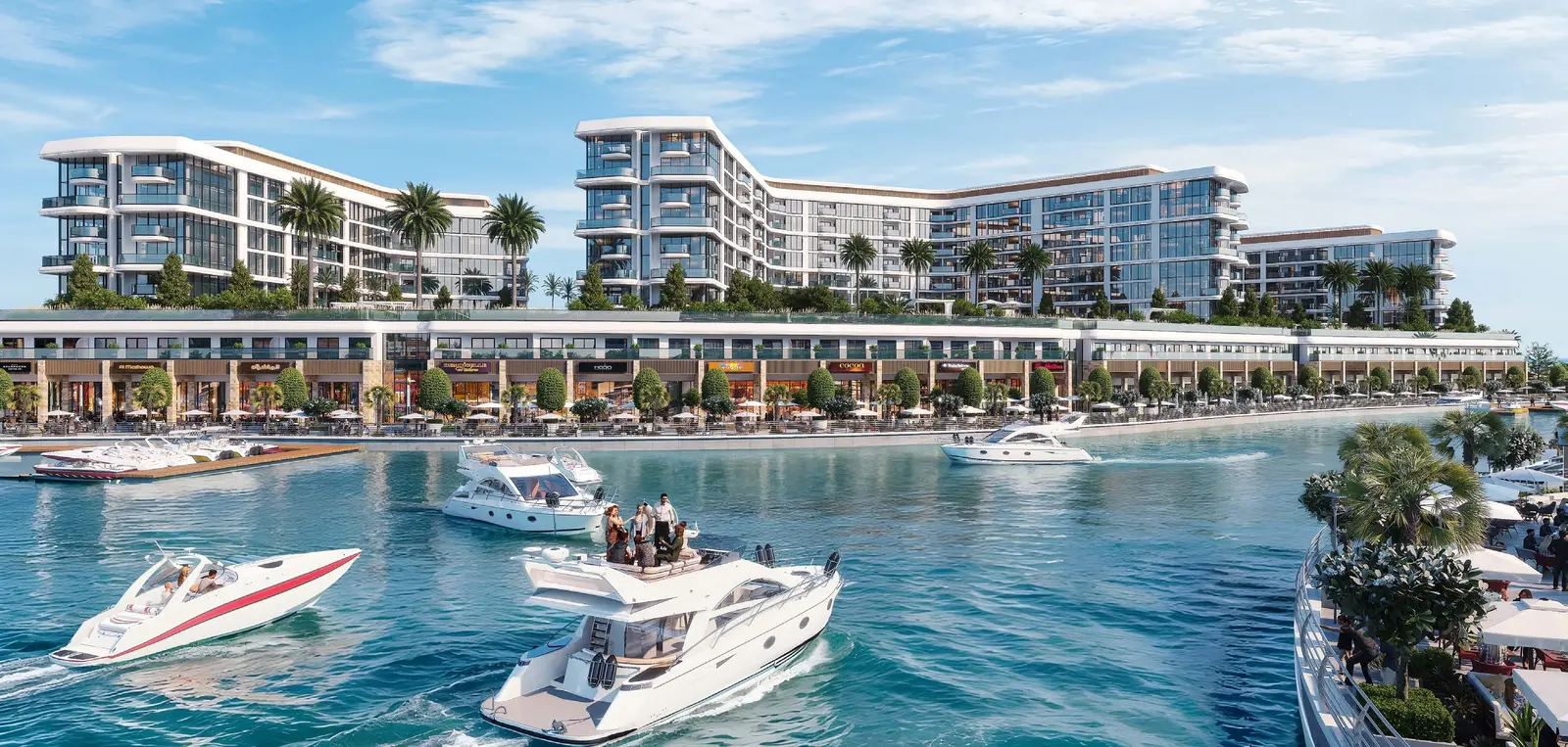 Daytime perspective of contemporary residential towers and bustling marina boat channel at Capeside Marina Residences Sobha Siniya Island.