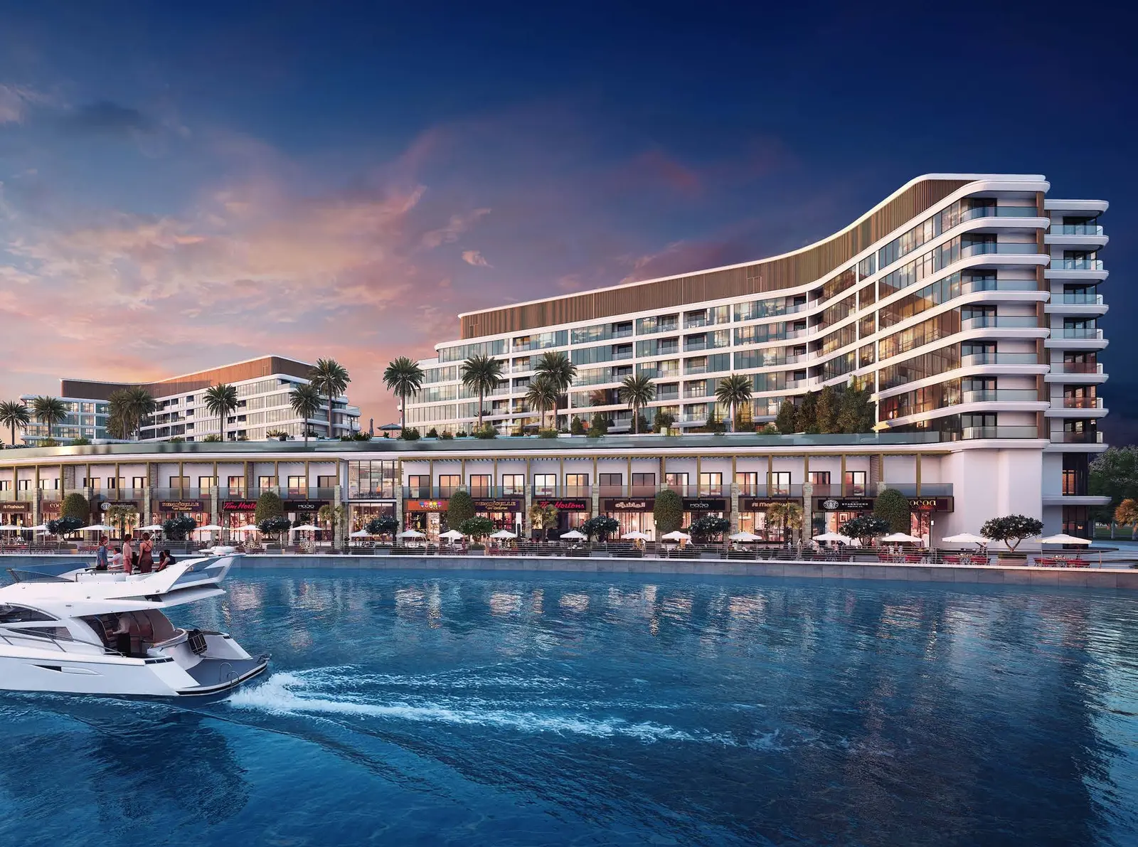 Evening dusk perspective of modern waterfront residential facade and retail promenade at Capeside Marina Residences Sobha Siniya Island.