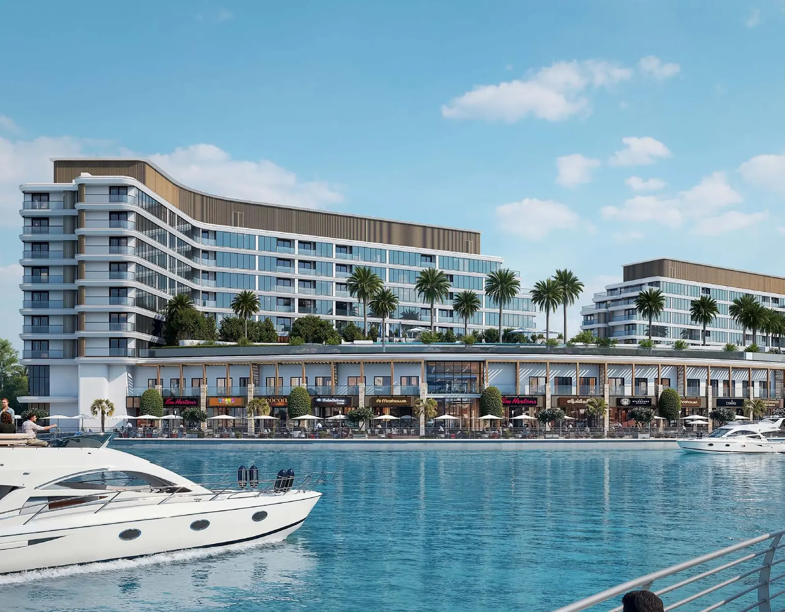Waterfront promenade, ground level retail shops, and podium facade at Capeside Marina Residences on Sobha Siniya Island Umm Al Quwain.