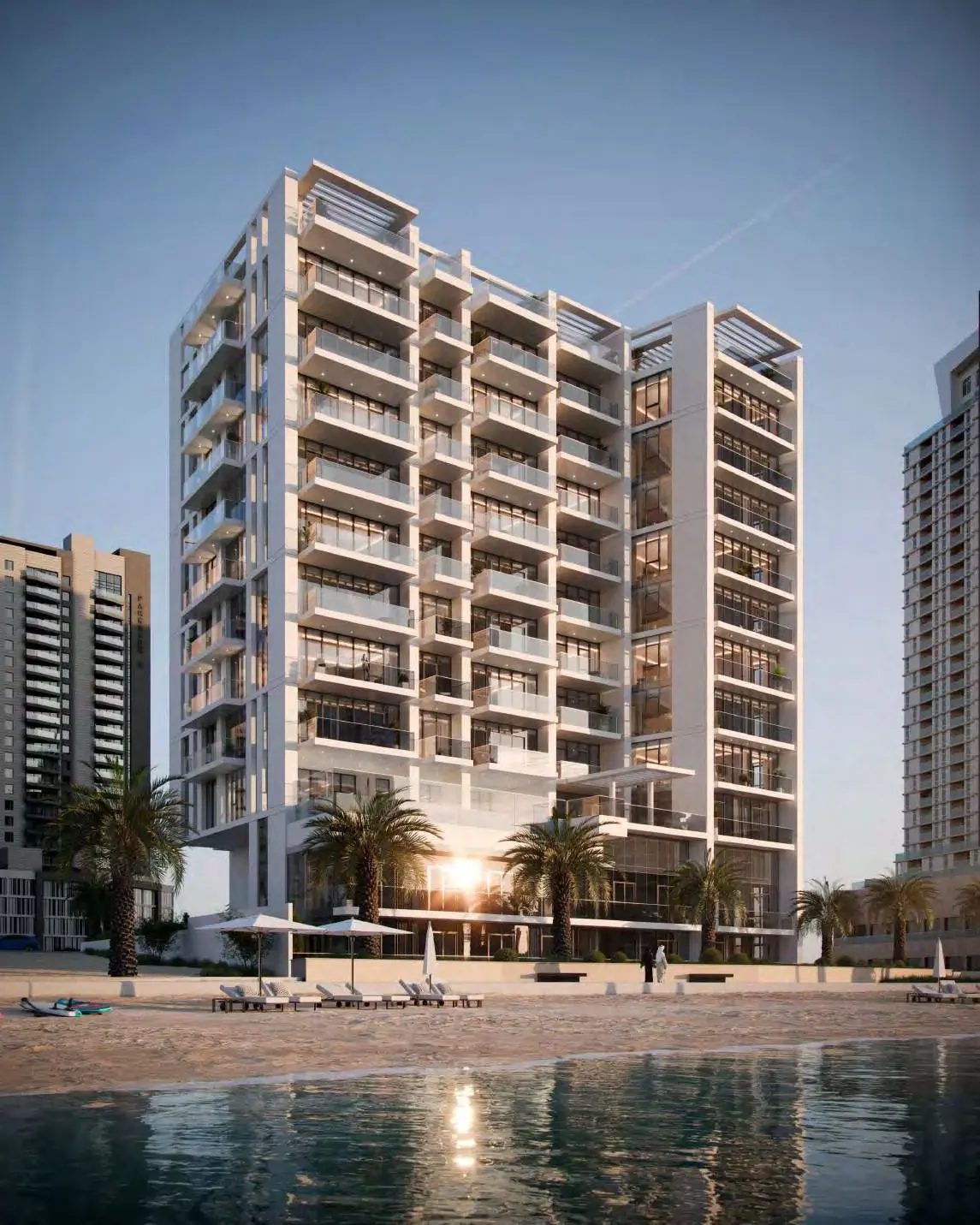 Reem Eight facade at sunset overlooking the waterfront in Shams Abu Dhabi, Al Reem Island, premium residential architecture