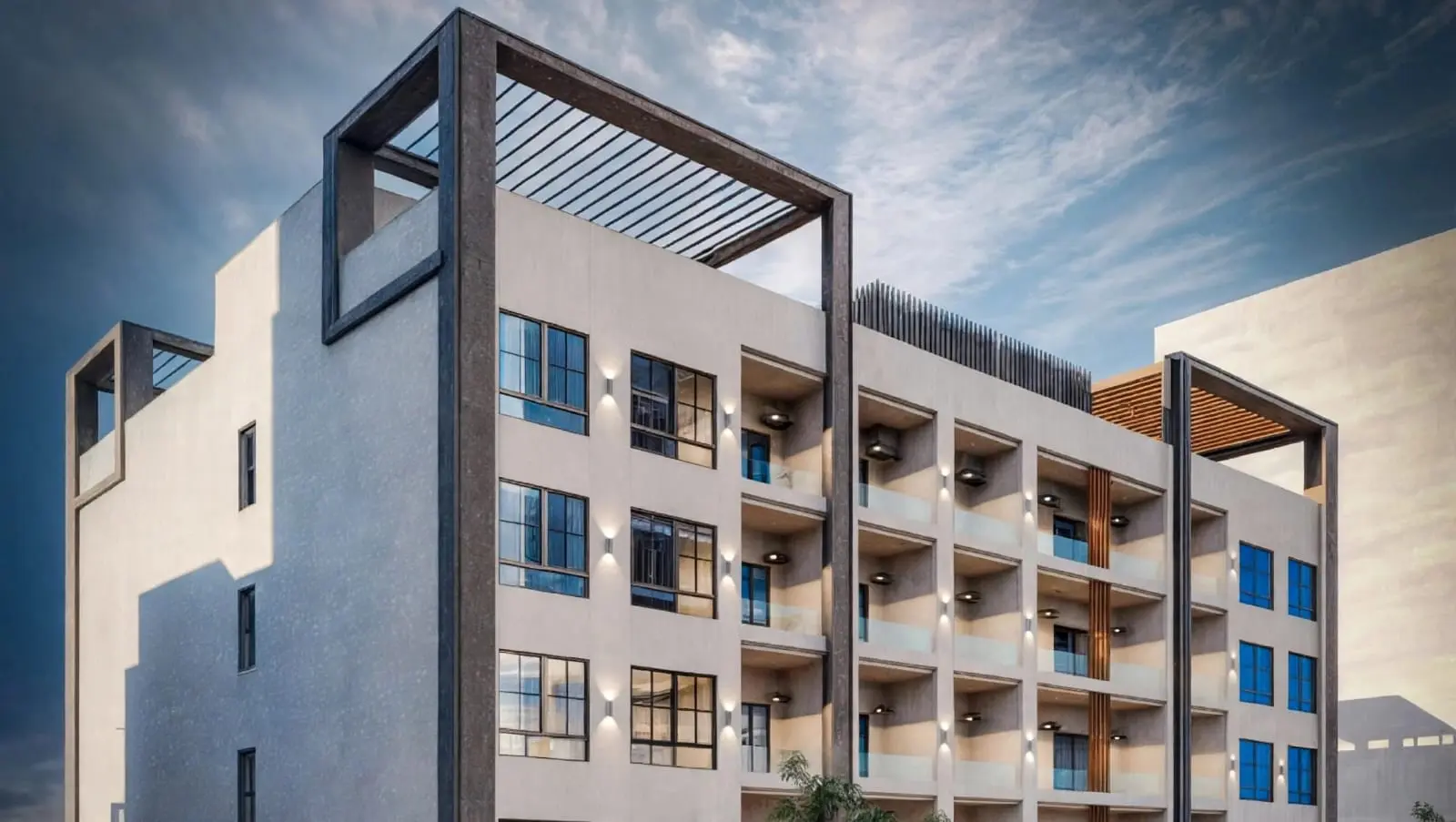 PUD Residence I Abu Dhabi Al Shamkha modern façade with geometric frames, balconies, and glass windows showcasing contemporary architectural design.
