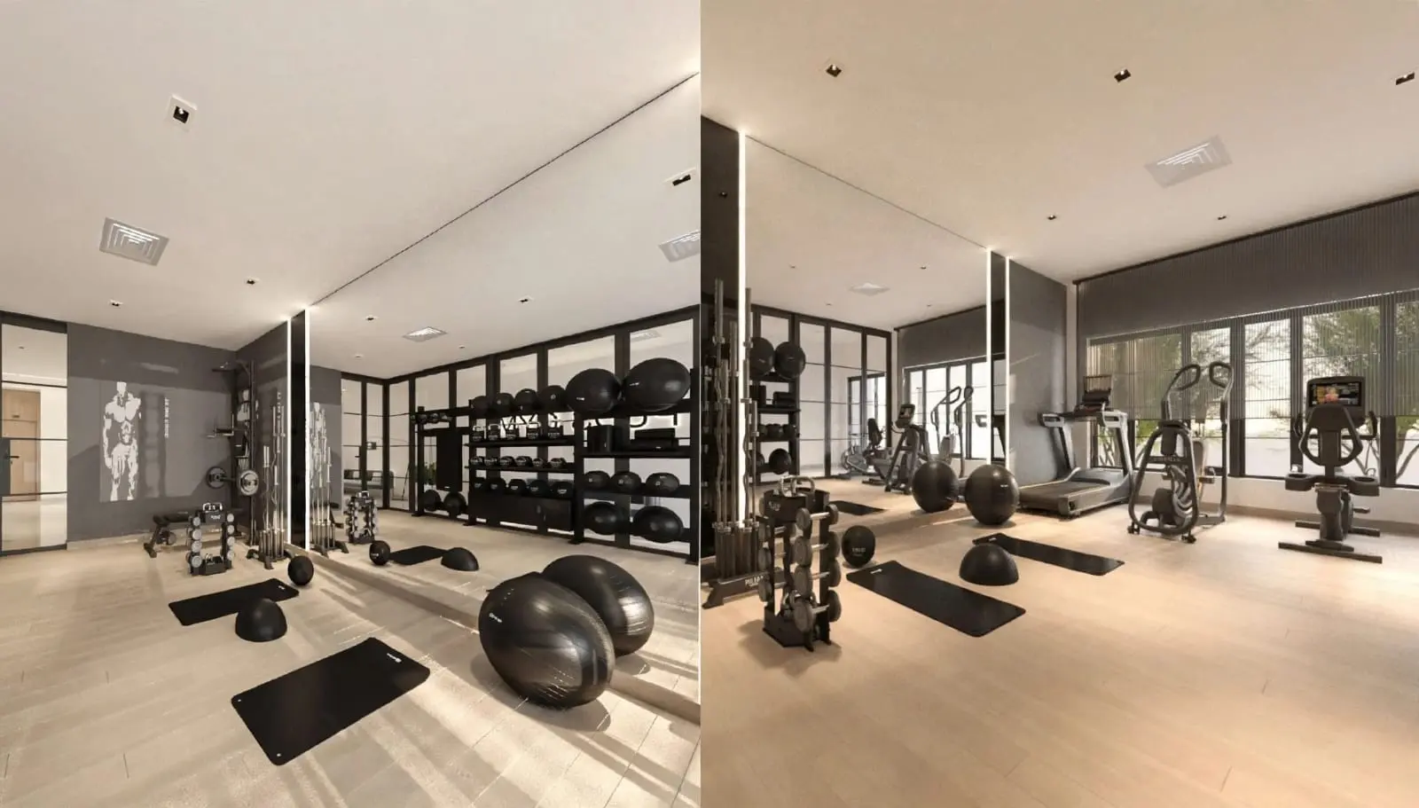 PUD Residences Abu Dhabi Al Shamkha fitness centre with treadmills, weights, and modern equipment in bright, spacious workout facility.