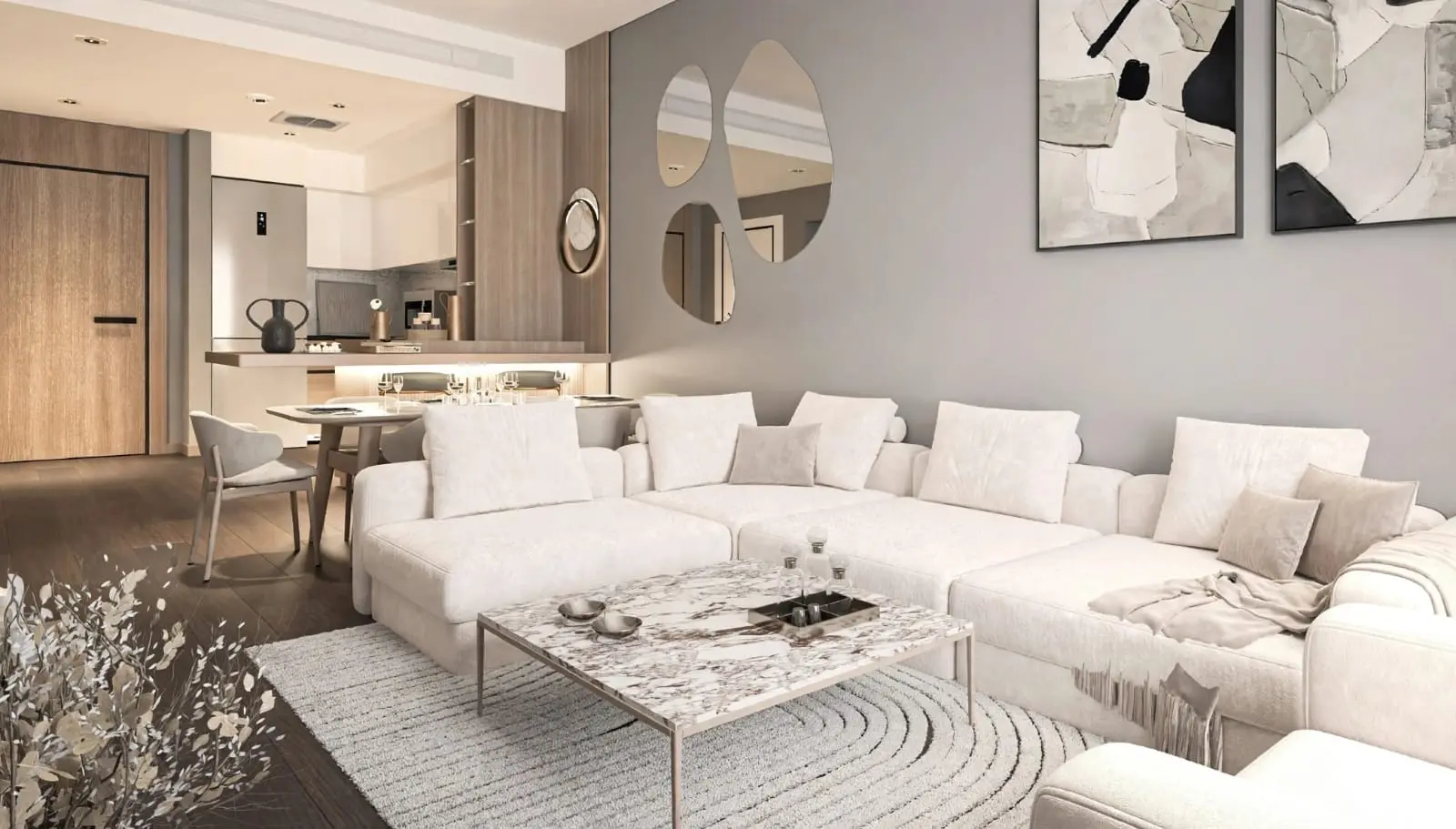 PUD Residences Abu Dhabi Al Shamkha elegant living room with sectional sofa, marble coffee table, and modern décor in neutral tones.