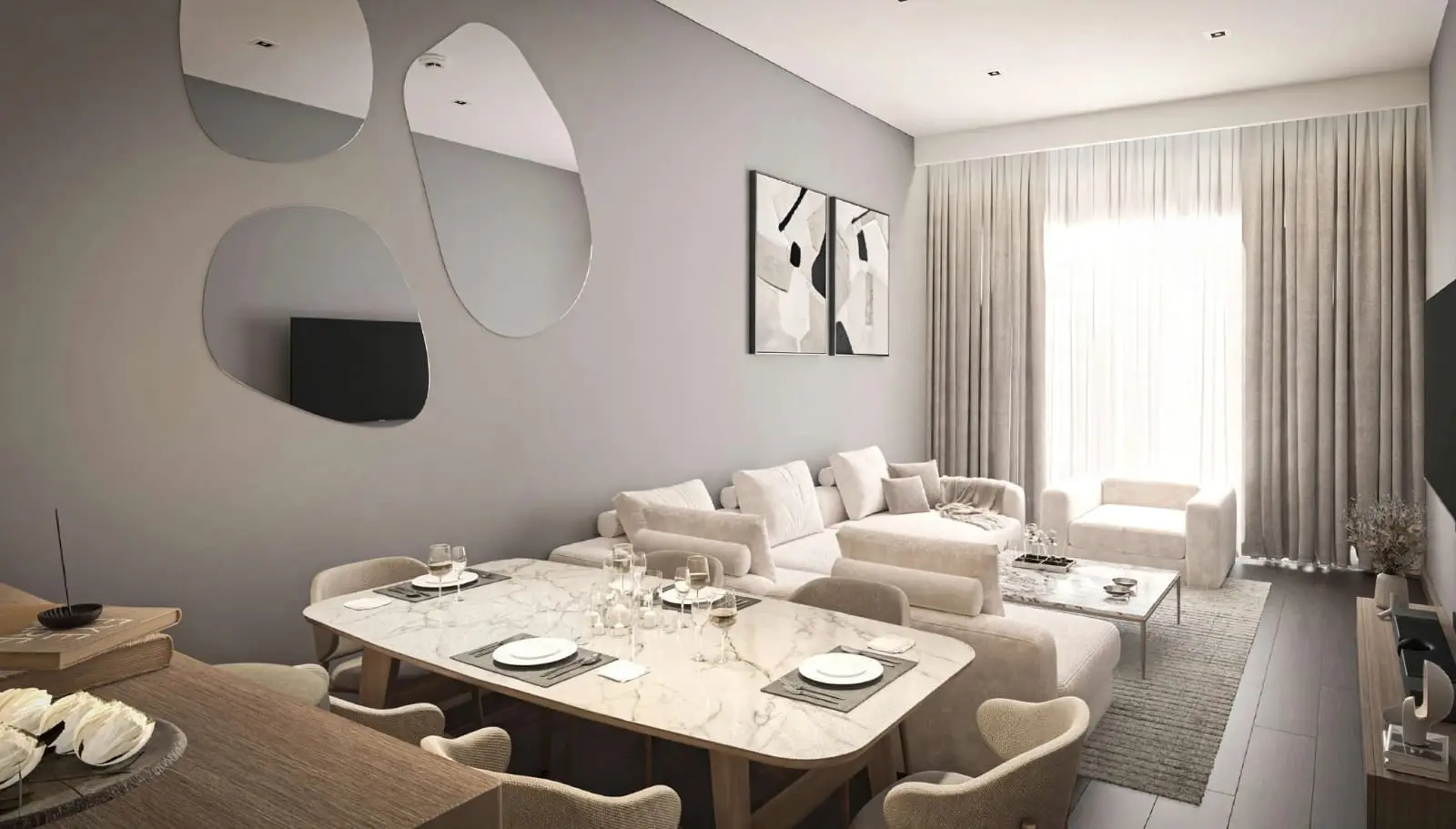 PUD Residences Abu Dhabi Al Shamkha stylish living and dining area with marble table, sectional sofa, and contemporary wall art.