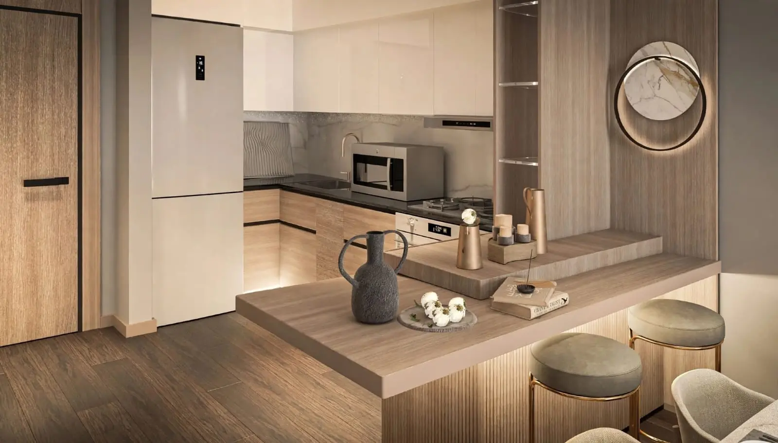 PUD Residences Abu Dhabi Al Shamkha modern kitchen with sleek cabinetry, marble backsplash, bar seating, and premium appliances in neutral palette.
