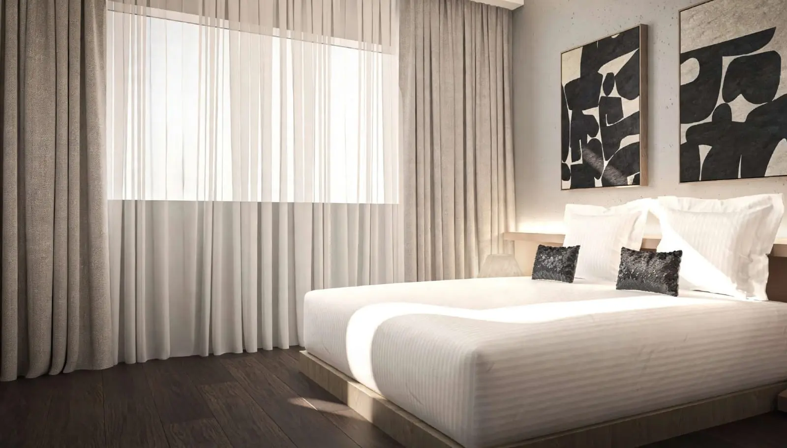 PUD Residences Abu Dhabi Al Shamkha minimalist bedroom with large bed, abstract wall art, natural light, and elegant contemporary design.
