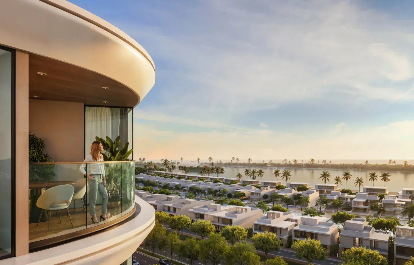 Aquamarine Beach Residences balcony on Sobha Siniya Island, Umm Al Quwain, featuring private outdoor spaces and scenic views.