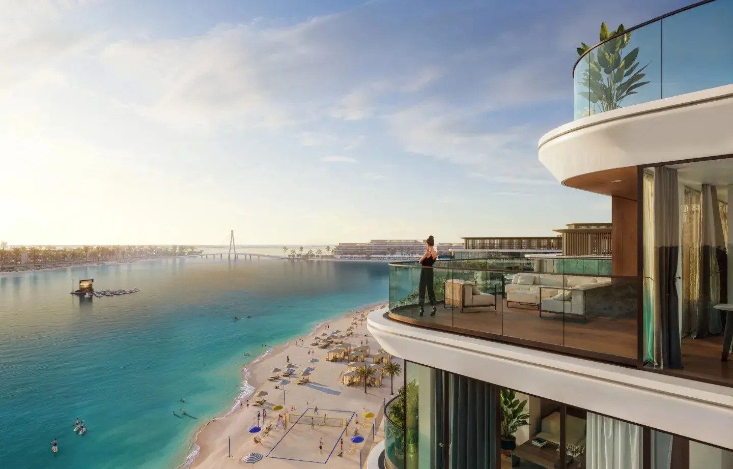 Aquamarine Beach Residences terrace on Sobha Siniya Island, Umm Al Quwain, showcasing outdoor relaxation spaces and coastal surroundings.