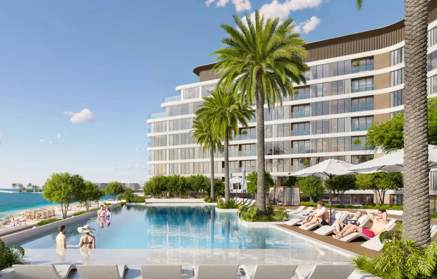 Aquamarine Beach Residences swimming pool on Sobha Siniya Island, Umm Al Quwain, featuring leisure facilities within the coastal community.