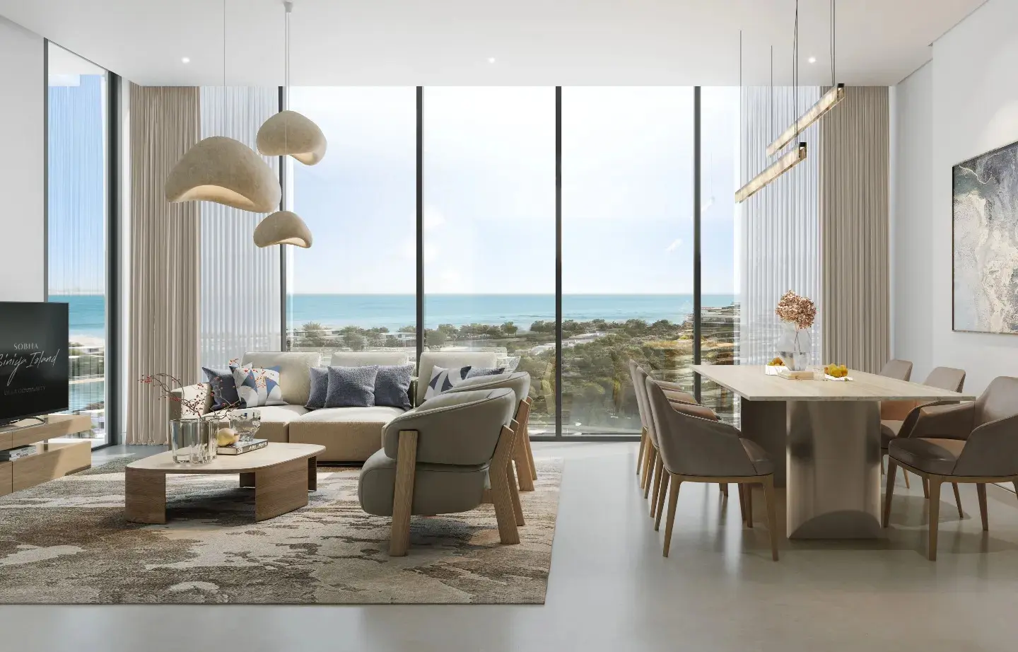 Aquamarine Beach Residences living area on Sobha Siniya Island, Umm Al Quwain, featuring contemporary interiors and comfortable residential spaces.