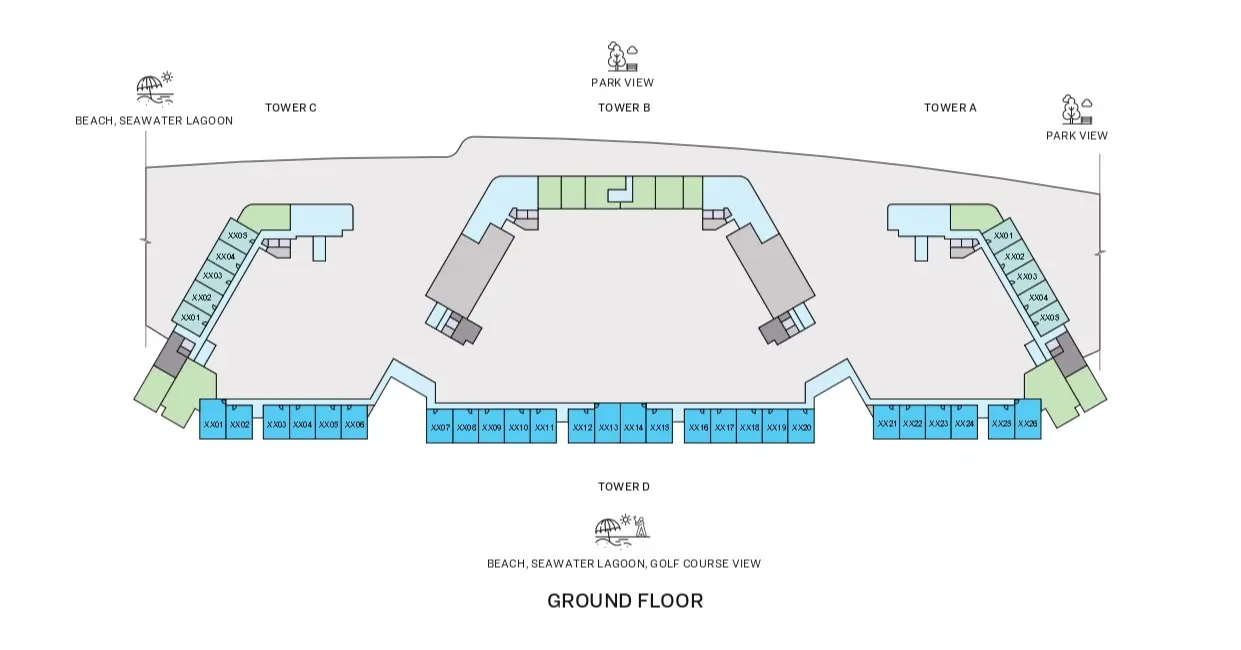 Aquamarine Beach Residences Ground Floor Plate on Sobha Siniya Island, Umm Al Quwain, showing residential towers, parking, retail spaces and amenities.