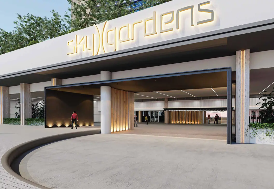 Contemporary 40-storey architectural tower facade of Sky Gardens DIFC in Dubai International Financial Centre