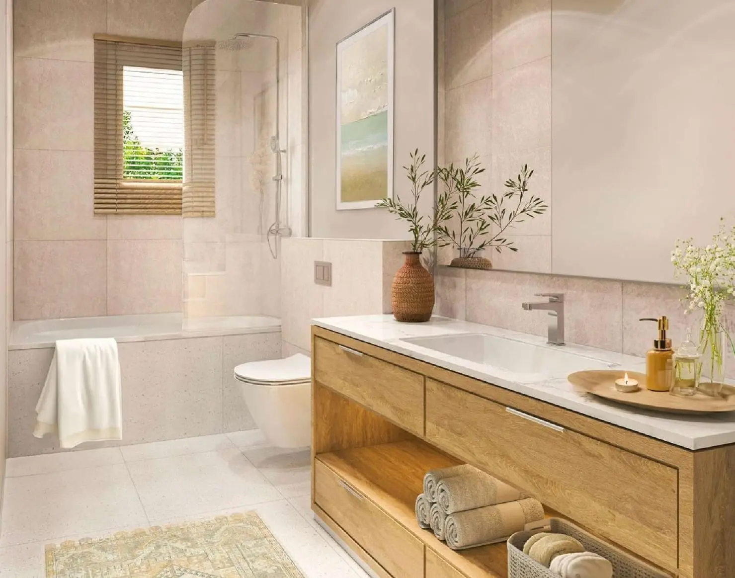 MERITO Residential Abu Dhabi premium bathroom interiors by Jadara with modern fittings, smart design, and warm detailing in Al Reeman apartments.