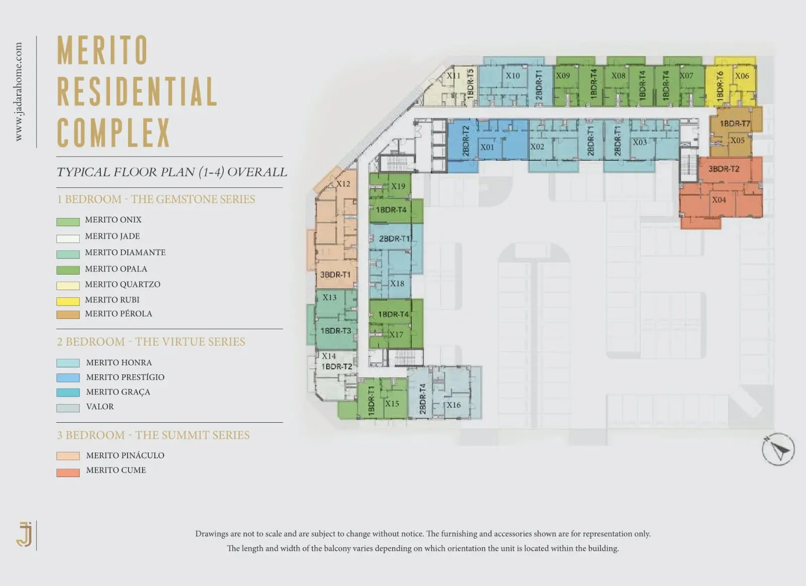 Typical Floor Plan (Floors 1–4): Merito by Jadara Development typical floor plate in Al Reeman, Abu Dhabi, featuring one, two, and three-bedroom residential layout.