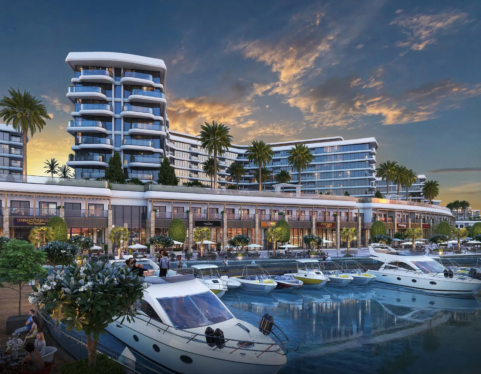 Yachtside Marina Residences at Sobha Siniya Island dusk view of residential towers, retail promenade, and yachts