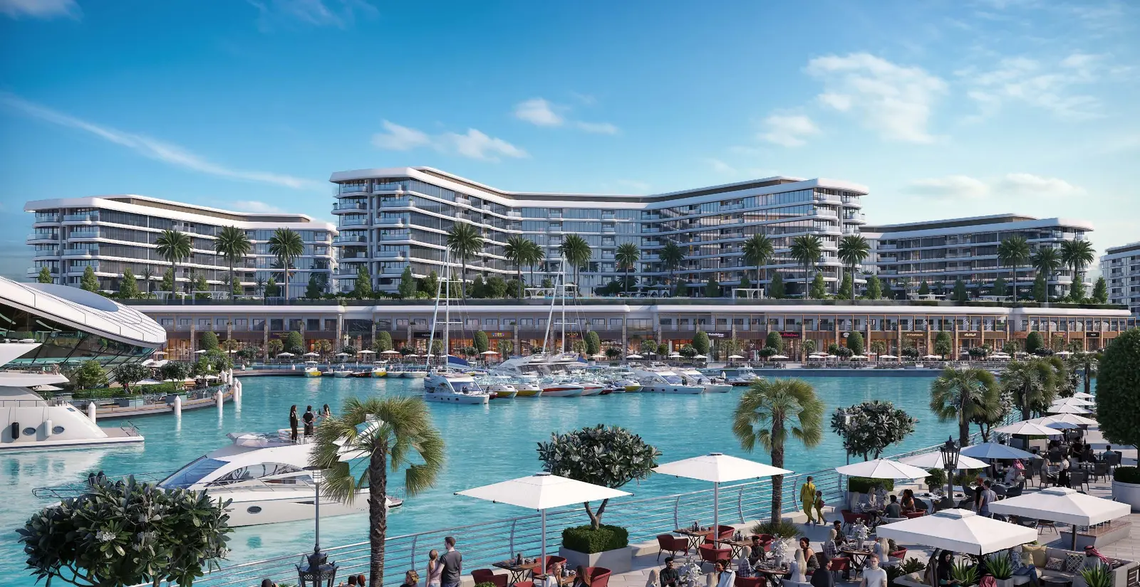 Yachtside Marina Residences at Sobha Siniya Island waterfront promenade with alfresco restaurants and luxury residential buildings