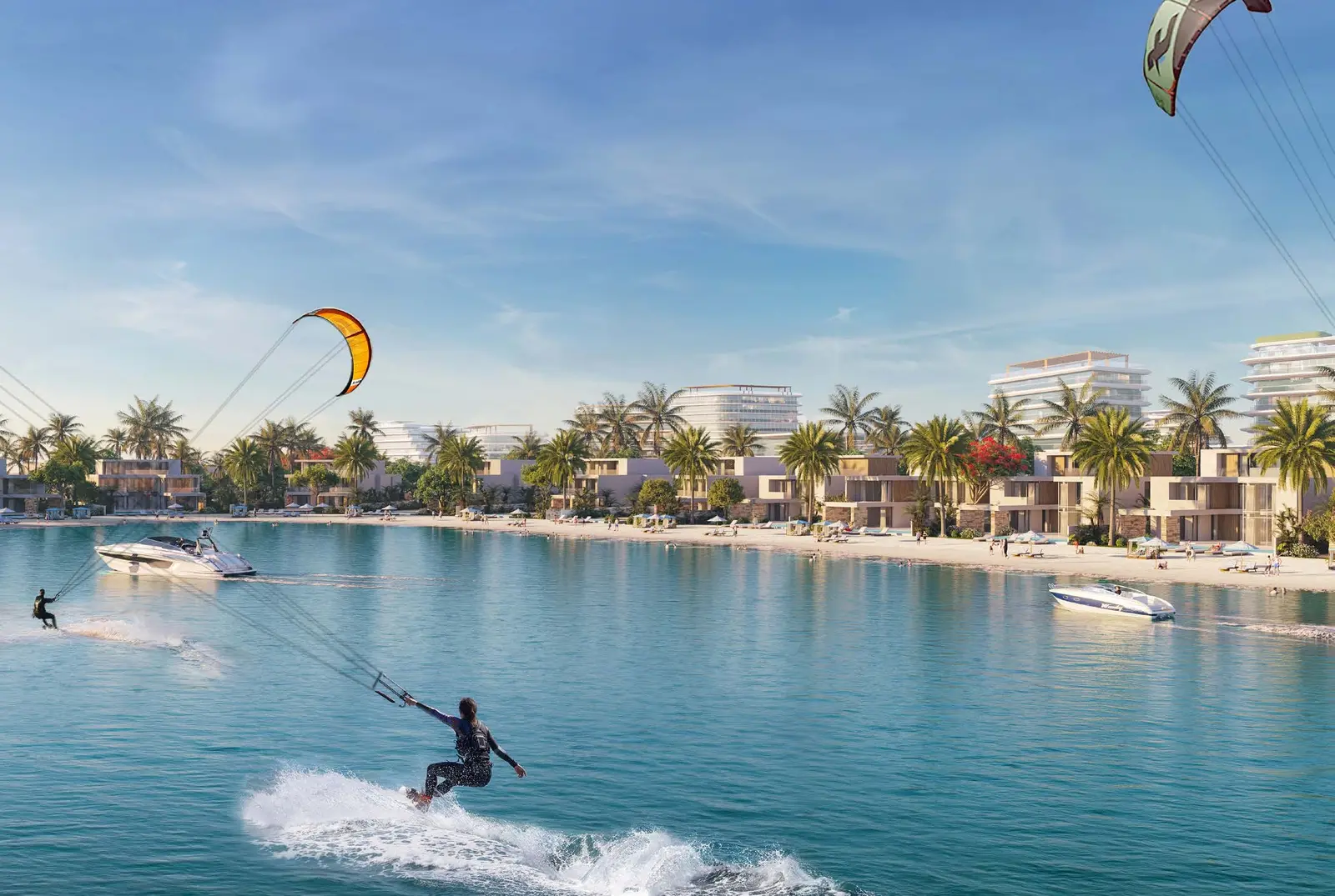 Yachtside Marina Residences at Sobha Siniya Island active kitesurfing and watersports lifestyle along turquoise island lagoons