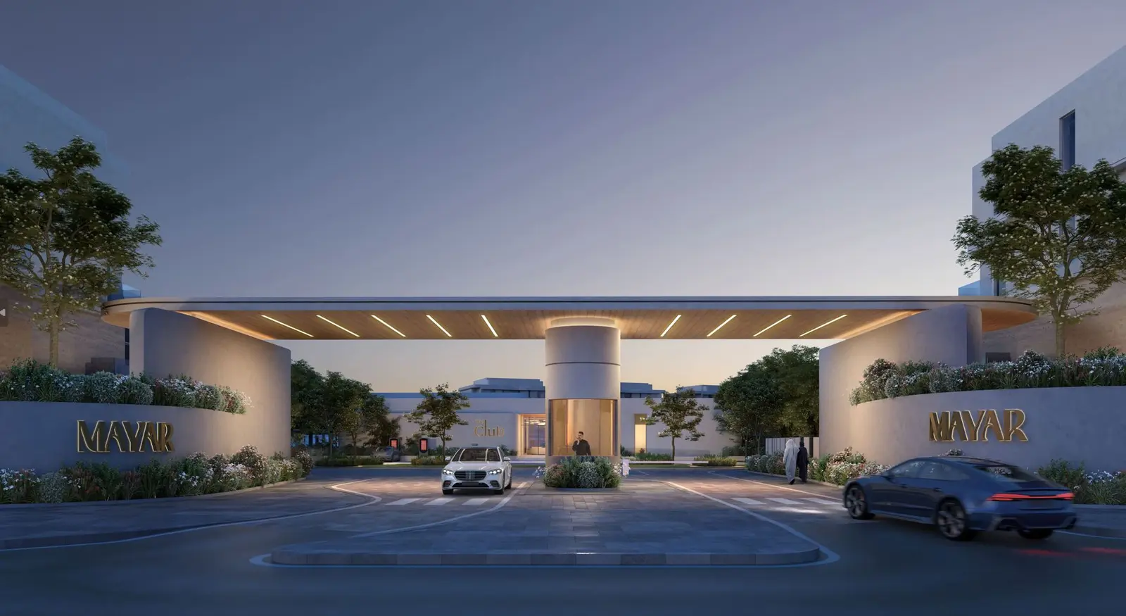 Tree lined streetscape and gated community entrance at Mayar in Maysan development on Al Reem Island Abu Dhabi.