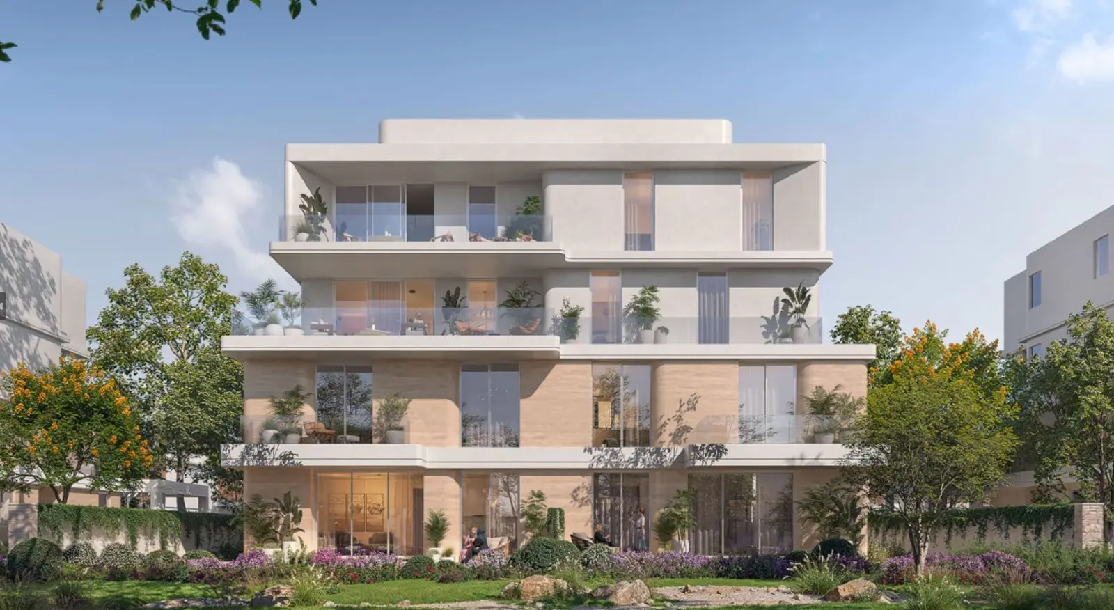 Exterior view of Mayar maisonettes surrounded by green linear parks and walking trails in Maysan Abu Dhabi.