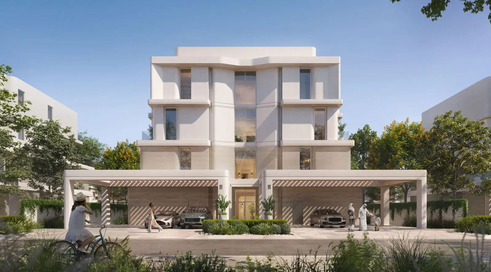 Outdoor resort style swimming pool surrounded by lush greenery at Mayar in Maysan on Al Reem Island Abu Dhabi.