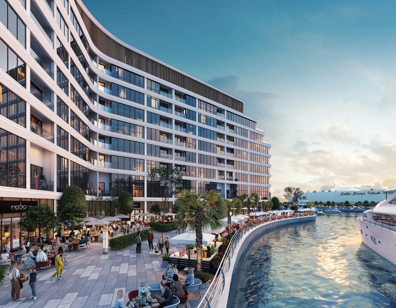 Bustling waterfront promenade and alfresco cafés at Bayfront Marina Residences Sobha Siniya Island facing private marina