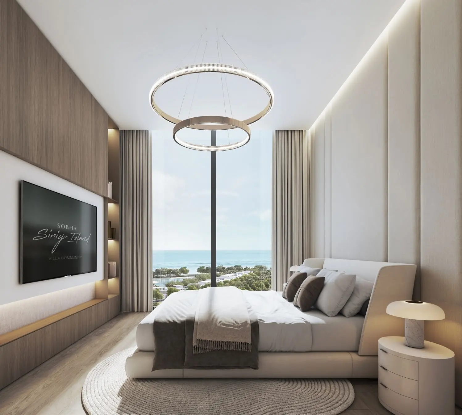 Elegant master bedroom suite in Tower A with modern chandelier and coastal views at Bayfront Marina Residences