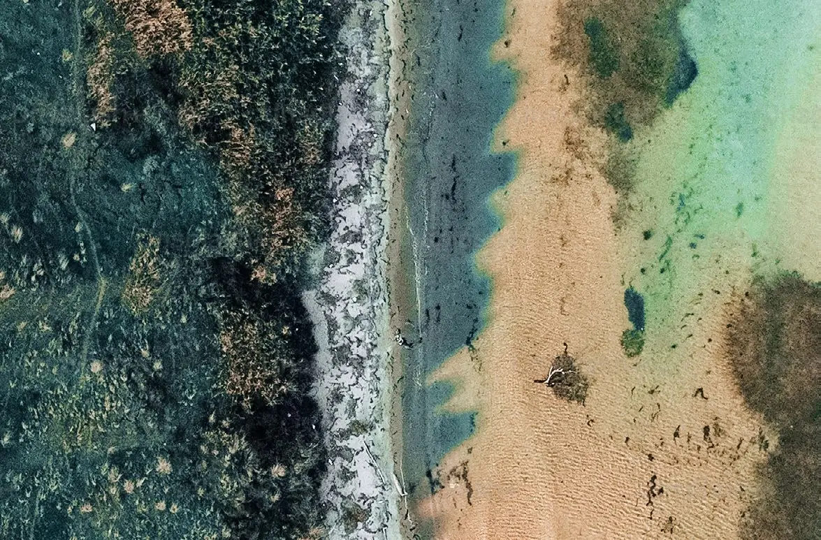 Natural aerial shoreline texture showcasing pristine coastal waters and preserved mangrove ecosystems at Sobha Siniya Island.