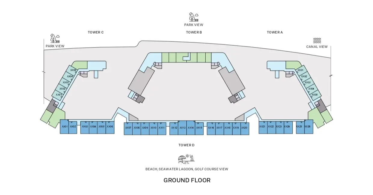 Coraline Beach Residences Ground Floor Plate, Sobha Siniya Island, Umm Al Quwain, residential building layout and architectural floor plan.