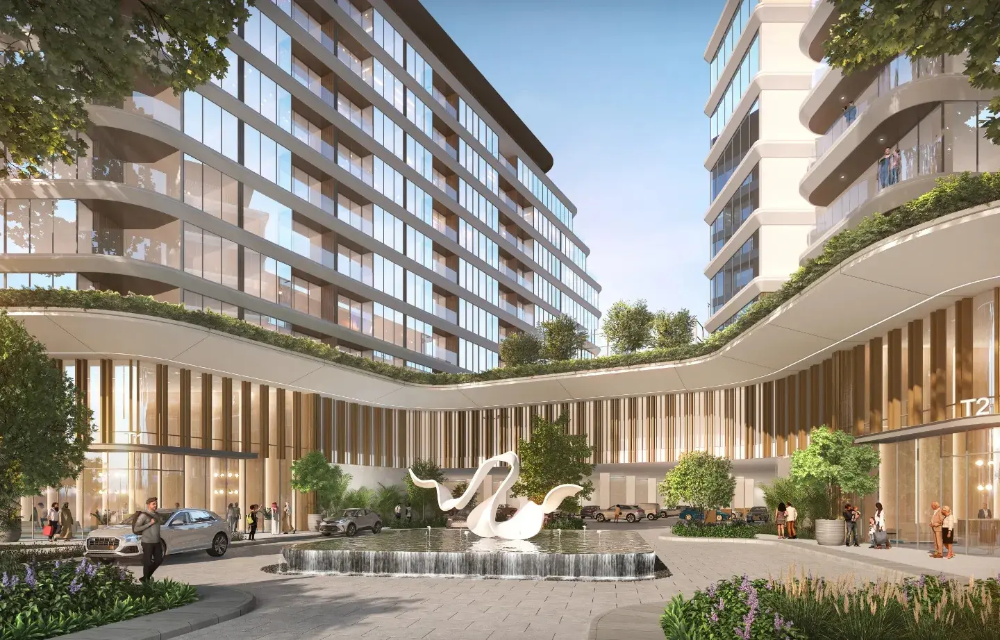 Delphine Beach Residences, Sobha Siniya Island, Umm Al Quwain, luxury island property with contemporary buildings and landscaped outdoor spaces.