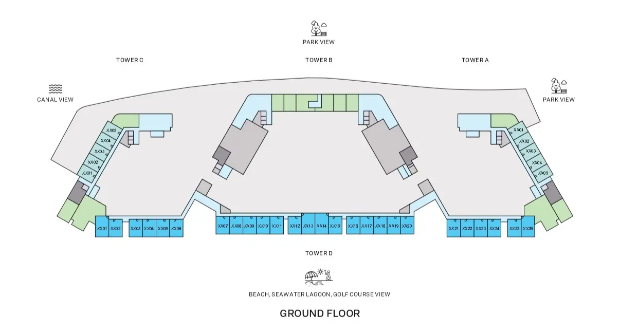 Ground Floor Delphine Beach Residences ground floor plan on Sobha Siniya Island, Umm Al Quwain, showing residential layouts, retail spaces and building design.