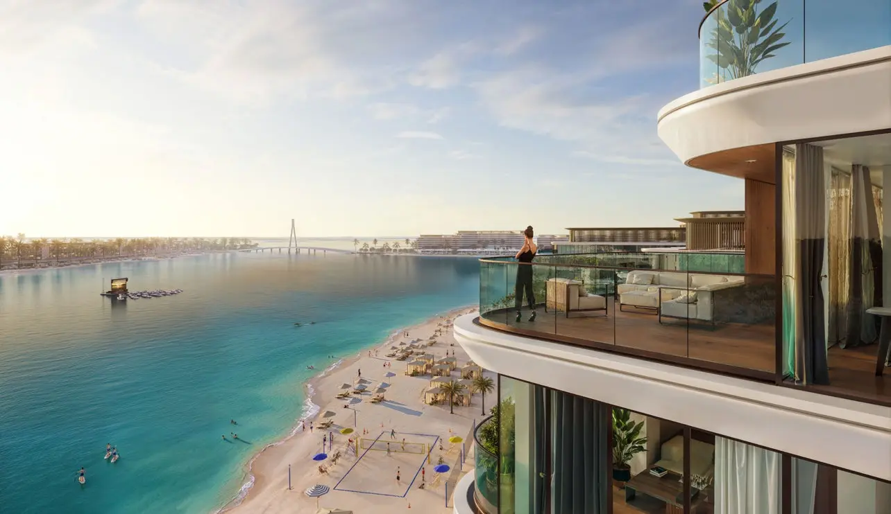 Scenic balcony view of the luxury beachfront community and sparkling waters at Bayside Marina Residences on Sobha Siniya Island