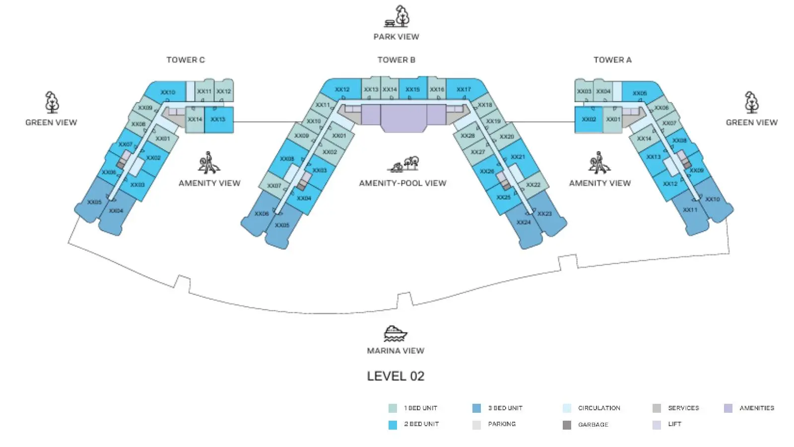 Level 02 floor plate key plan layout for Bayside Marina Residences on Sobha Siniya Island