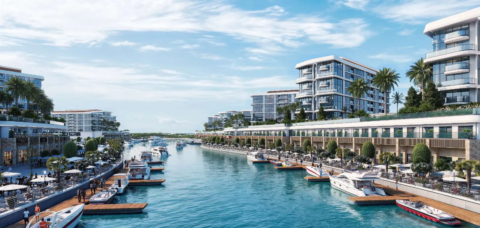 Luxury waterfront promenade with docked yachts and modern residential towers at Pierside Marina Residences Sobha Siniya Island UAQ